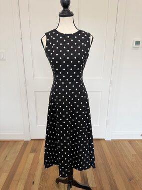 calvin klein polka-dot fit & flare dress CALVIN KLEIN Polka Dot Fit & Flare Midi Dress 2 Black Cream A Line Vintage  $134